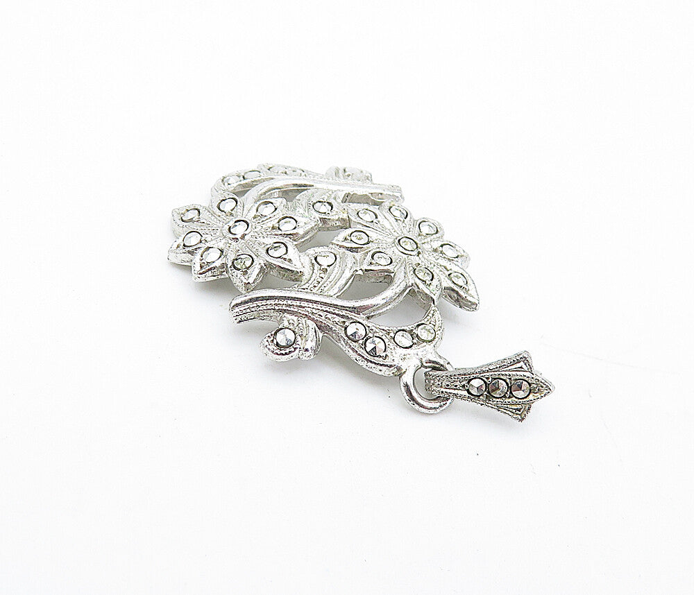 925 Sterling Silver  Vintage Shiny Sparkling Floral Motif Drop Pendant  PT3237