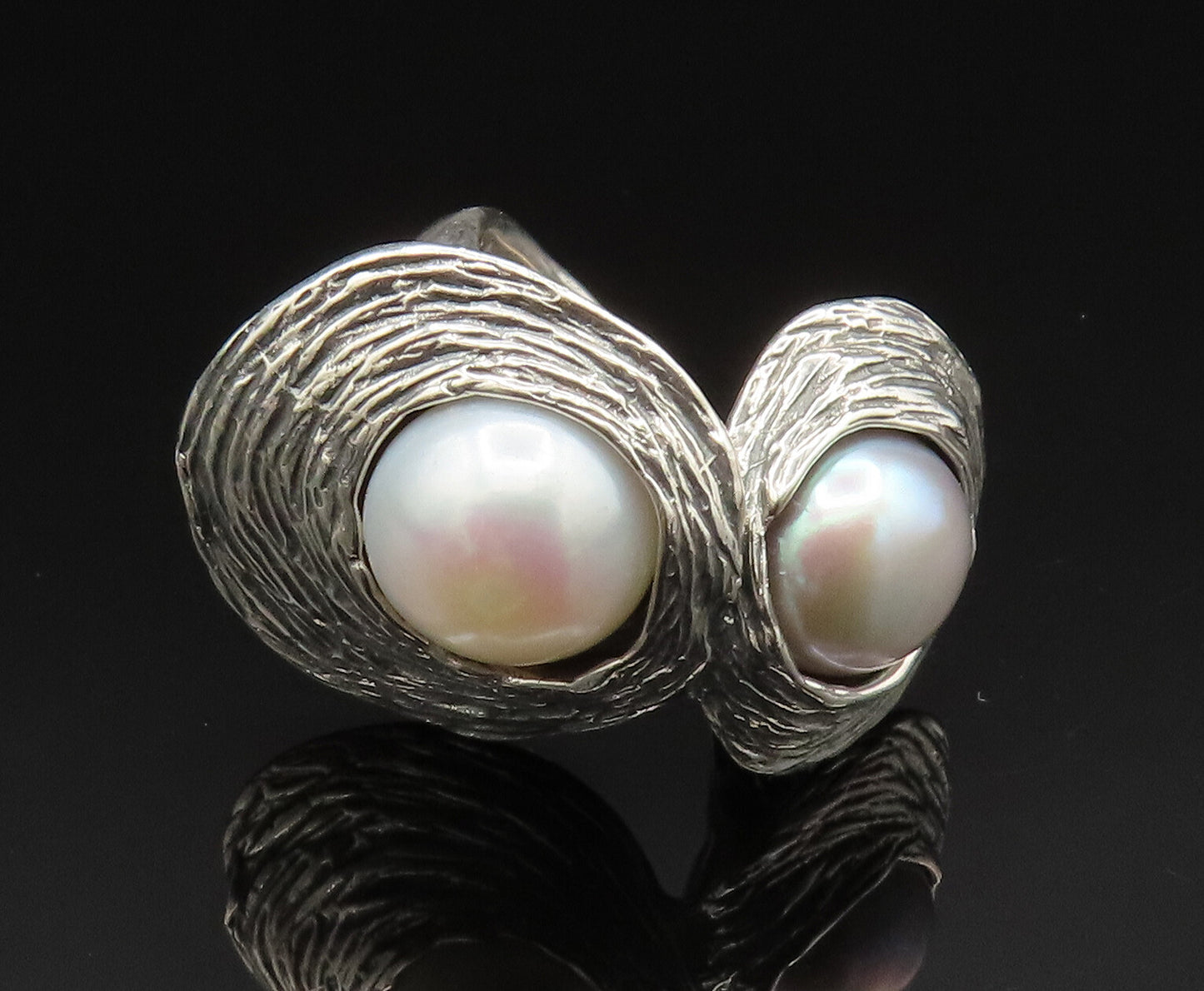 HAGIT GORALI 925 Silver  Vintage Double Mother Of Pearl Ring Sz 7  RG24603