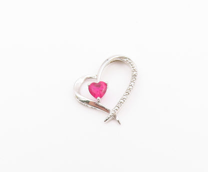 925 Silver  Vintage Genuine Diamond & Pink Topaz Love Heart Pendant  PT18993