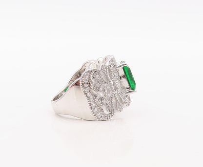 925 Sterling Silver Vintage Ring Designer Cutout White & Green CZ  Sz 7 RG30853