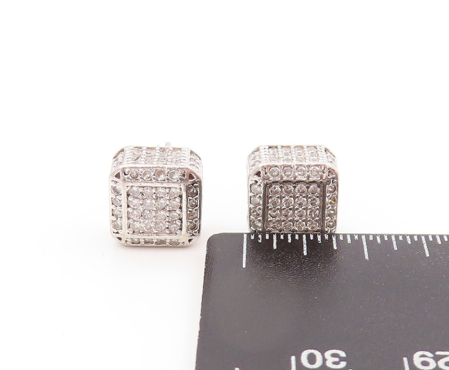 925 Sterling Silver Vintage Earrings Minimalist CZ Inlay Open Cube  EG13345
