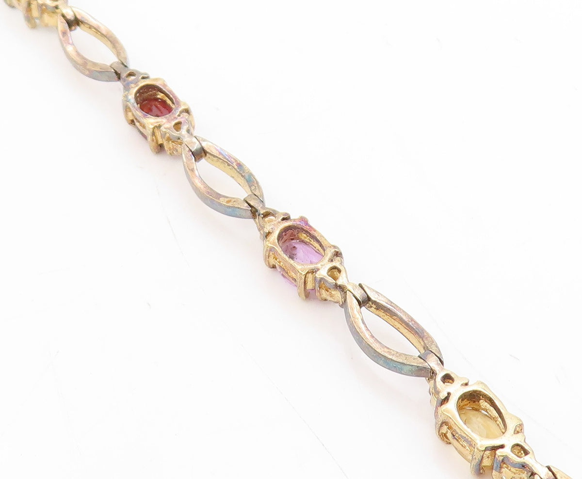 925 Sterling Silver Vintage Bracelet Gold Plated Multi Gemstone Link  BT11733