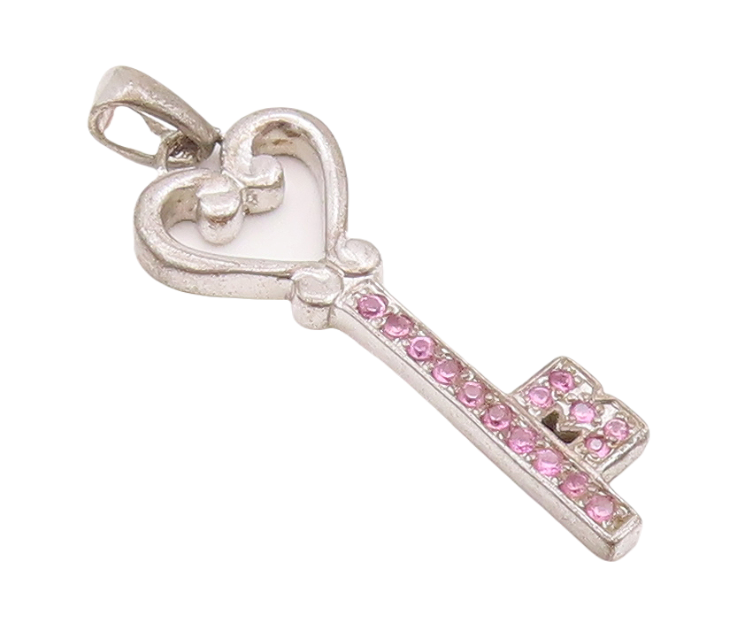 925 Sterling Silver Vintage Pendant Pink Topaz Inlay Key With Heart  PT23343