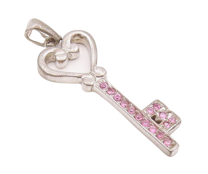 925 Sterling Silver Vintage Pendant Pink Topaz Inlay Key With Heart  PT23343