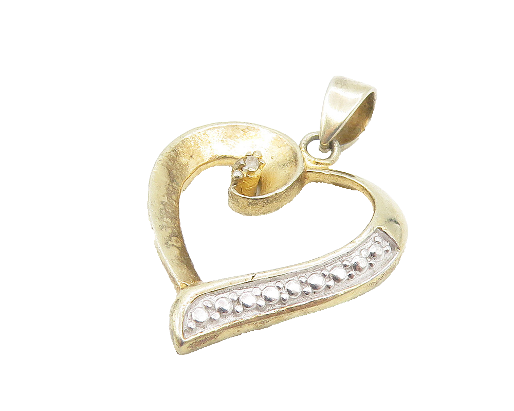 925 Sterling Silver  Vintage Genuine Diamond 2 Tone Love Heart Pendant  PT9183
