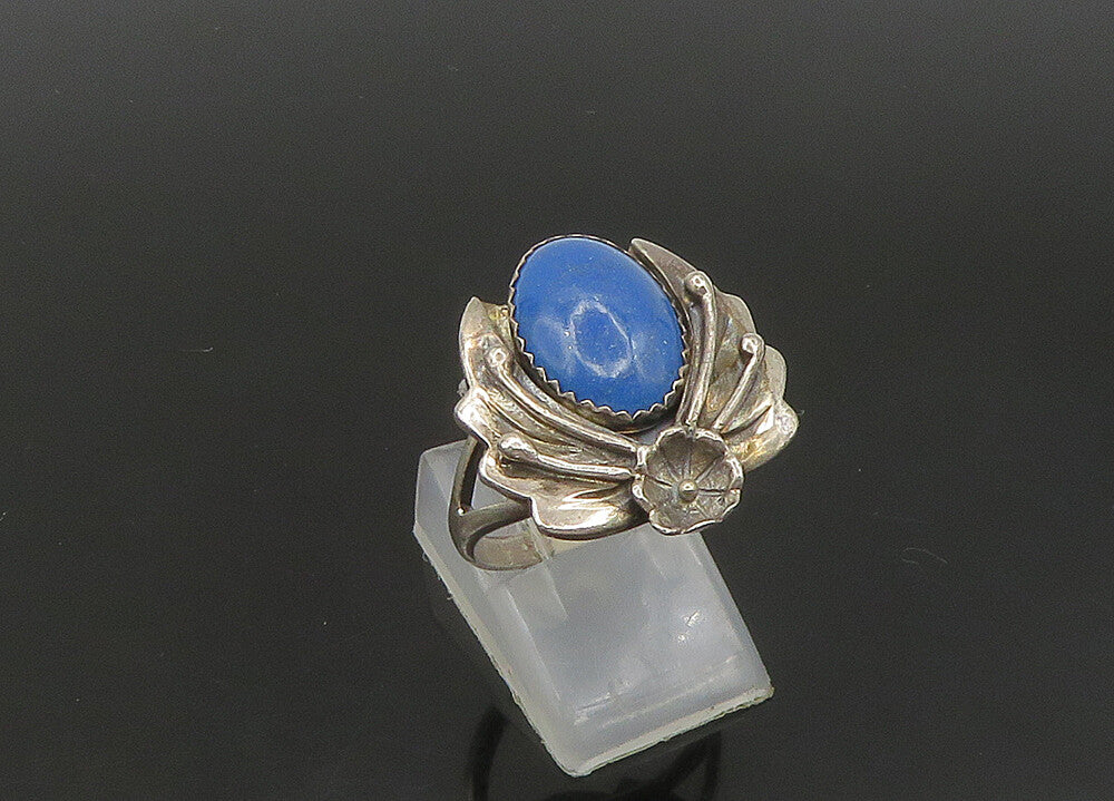 NAVAJO 925 Silver  Vintage Lapis Lazuli Floral Leaf Band Ring Sz 9  RG23660