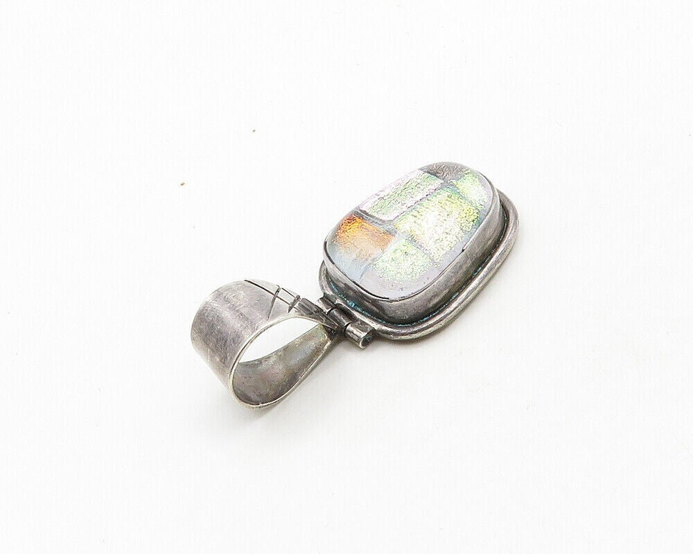 925 Sterling Silver  Vintage Shiny Dichroic Glass Art Drop Pendant  PT15529