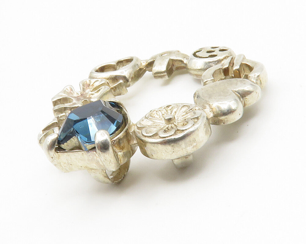 925 Sterling Silver  Vintage Blue Topaz Heart Floral Wreath Pendant  PT10999