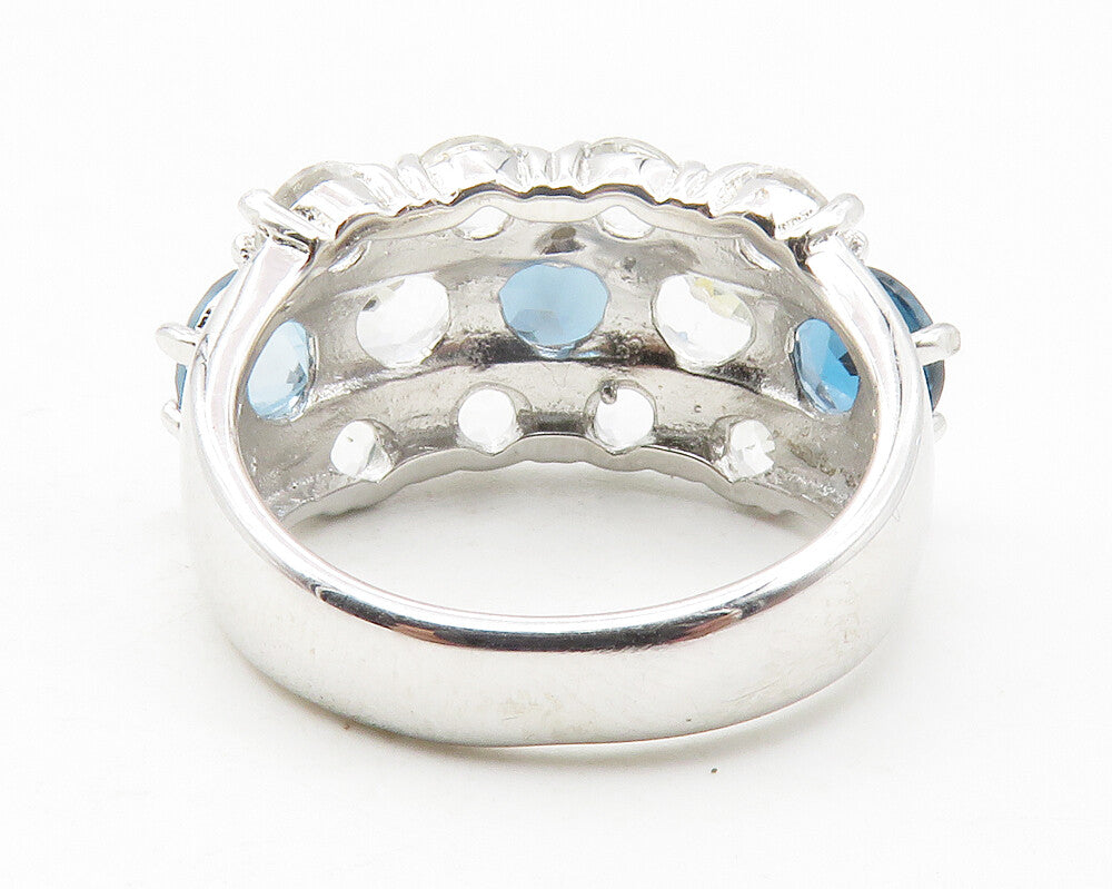 925 Sterling Silver  Blue & White Topaz 3 Row Shiny Band Ring Sz 5  RG11723