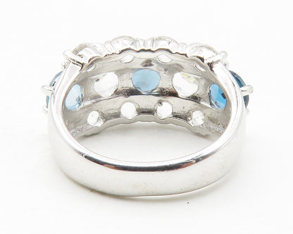 925 Sterling Silver  Blue & White Topaz 3 Row Shiny Band Ring Sz 5  RG11723