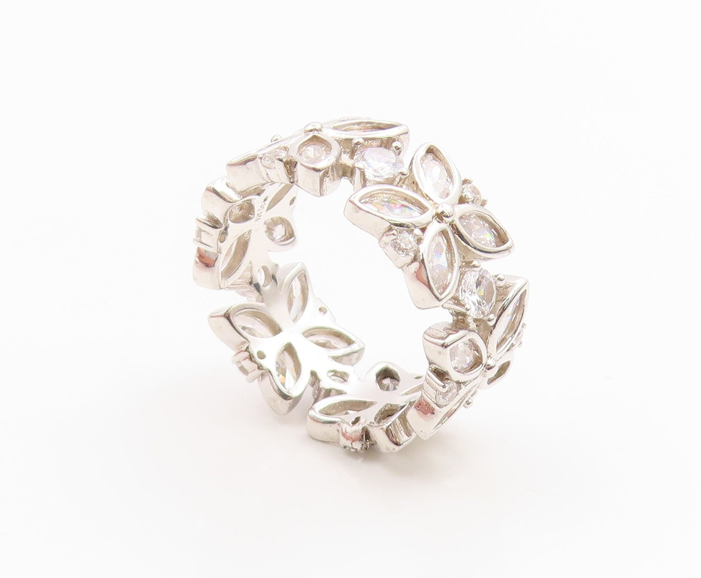 925 Sterling Silver Vintage Ring CZ Elegant Floral Eternity Band Sz 7.5  RG35870