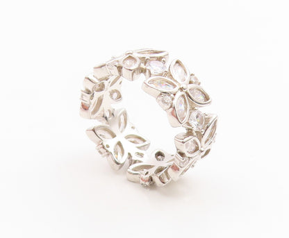 925 Sterling Silver Vintage Ring CZ Elegant Floral Eternity Band Sz 7.5  RG35870
