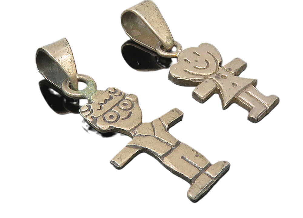 MEXICO 925 Sterling Silver  Vintage Dark Tone Girl & Boy Drop Pendant  PT8514