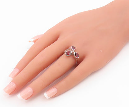 925 Sterling Silver Vintage Ring Elegant Pear Cut Garnet Flower  Sz 7  RG36567