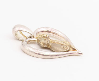 925 Sterling Silver Vintage Pendant Two Tone Cat Couple In Love Heart  PT25890