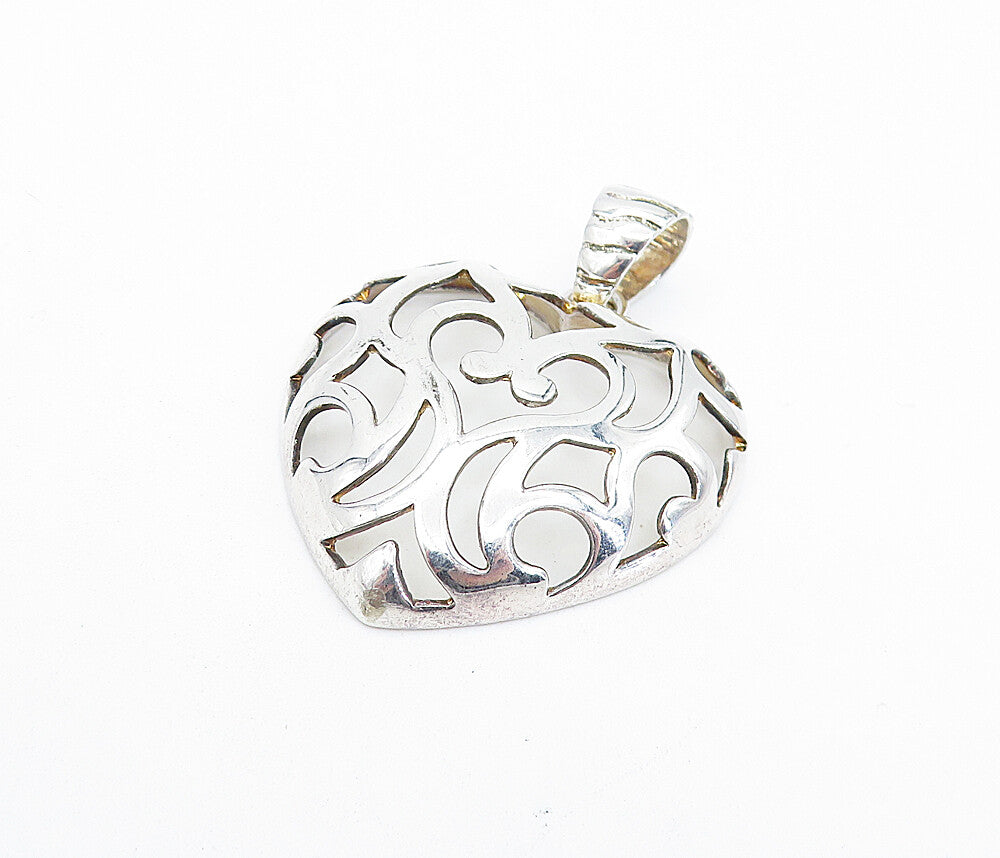 925 Sterling Silver  Shiny Cut Out Swirl Love Heart Dome Pendant  PT5353