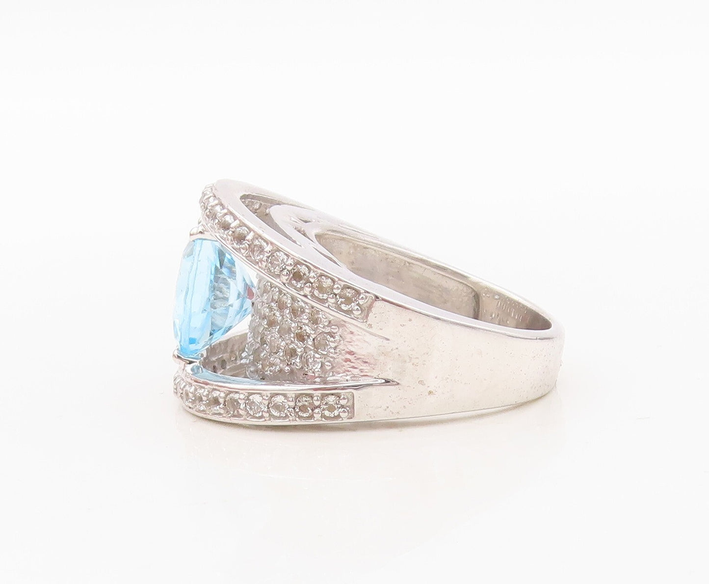 925 Sterling Silver Vintage Ring Designer Cutout Blue & White CZ  Sz 7  RG30398