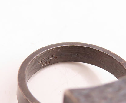 925 Sterling Silver Vintage Ring ISRAEL Dark Tone Brutalist Carved Sz 7  RG31611