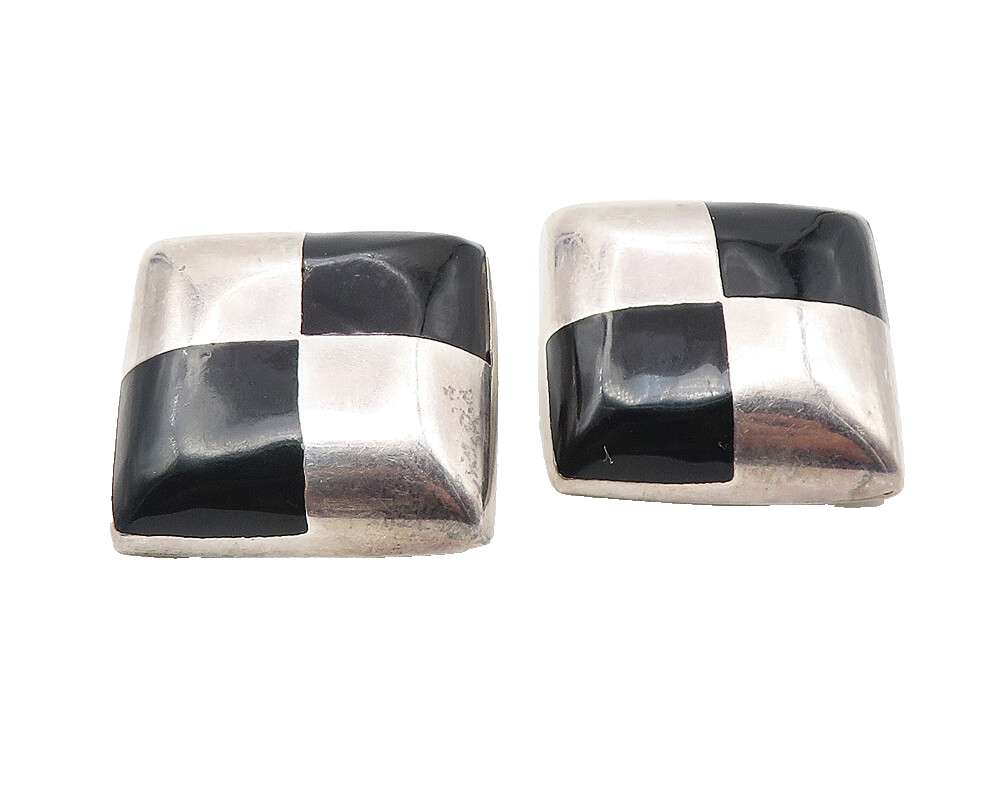 MEXICO 925 Silver  Vintage Black Onyx Checkered Non Pierce Earrings  EG5895