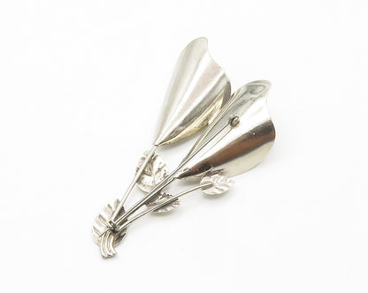 925 Sterling Silver  Vintage Shiny Modernist Flowers Motif Brooch Pin  BP5424