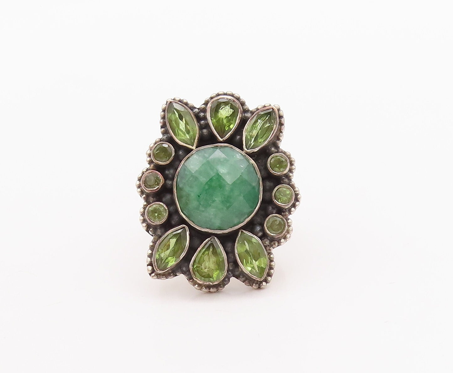 925 Sterling Silver Vintage Ring Peridot & Emerald Floral Inlay  Sz 8  RG29618