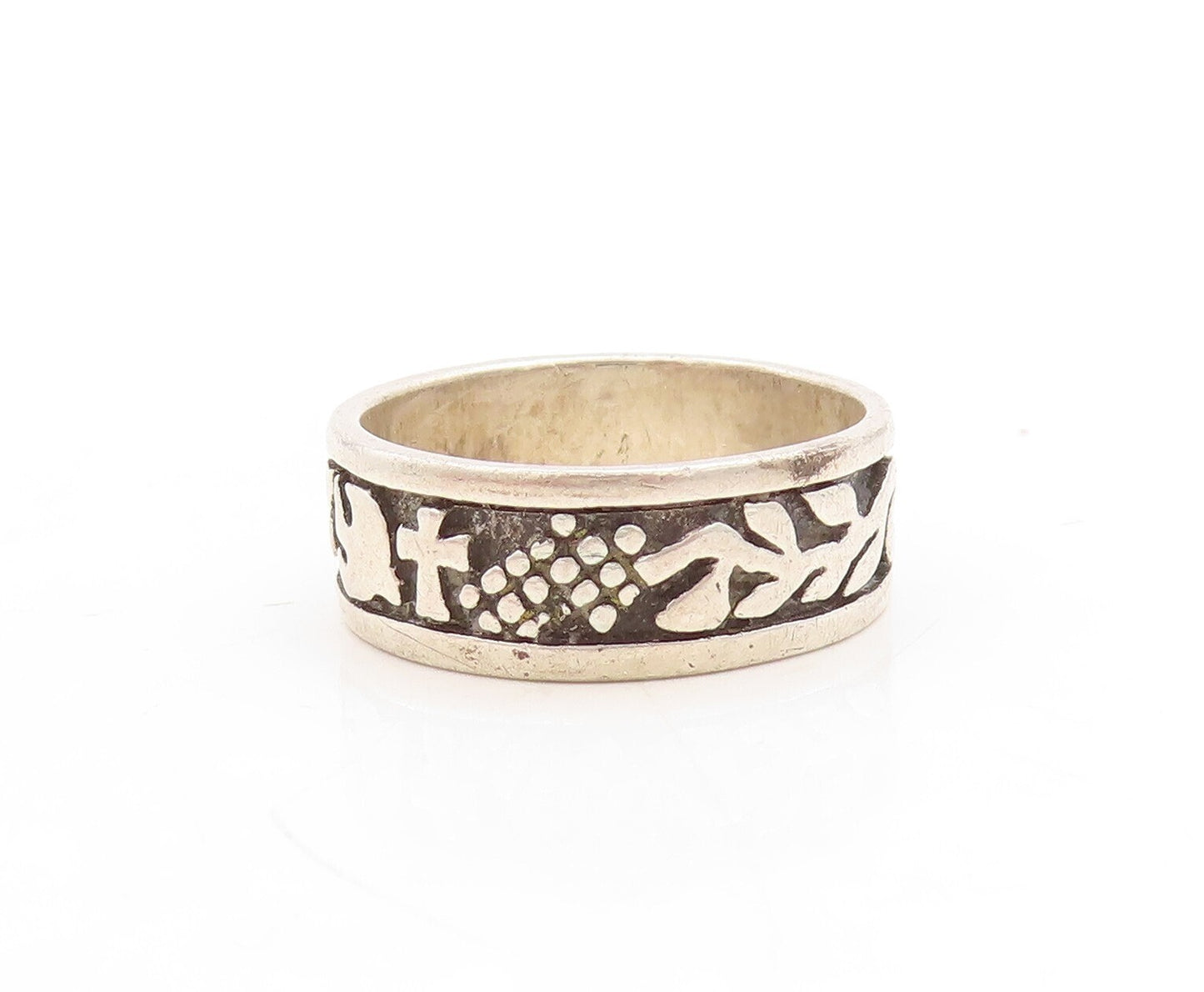 925 Sterling Silver Vintage Ring Trible Animals & Design Carved  Sz 8  RG31347