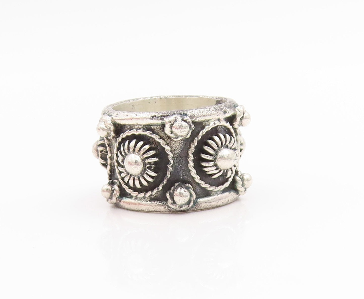 925 Sterling Silver Vintage Ring Beaded Floral Motif Wide Band  Sz 5  RG33769