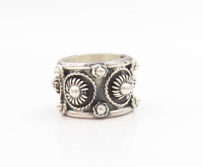 925 Sterling Silver Vintage Ring Beaded Floral Motif Wide Band  Sz 5  RG33769