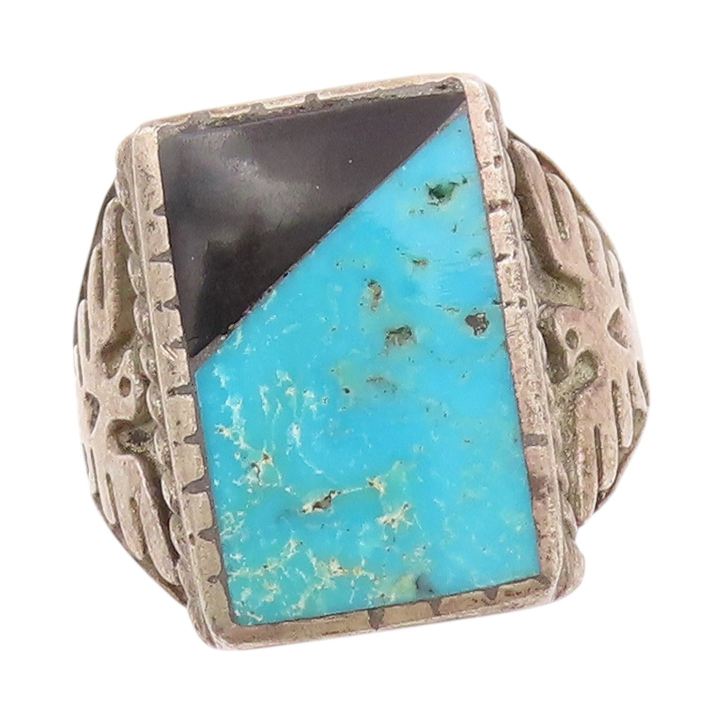 925 Sterling Silver Vintage Ring NAVAJO ZUNI Turquoise Onyx  Sz 10.5  RG31866