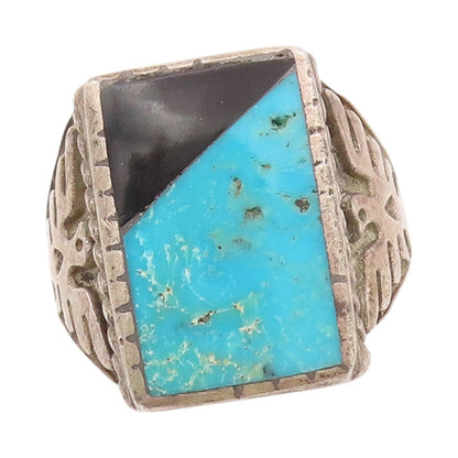 925 Sterling Silver Vintage Ring NAVAJO ZUNI Turquoise Onyx  Sz 10.5  RG31866