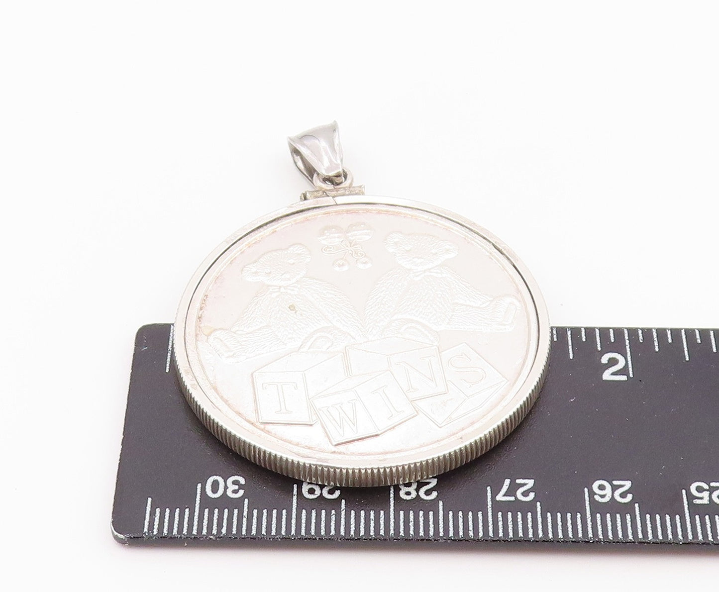 925 Sterling Silver Vintage Pendant Twin Teddy Bears With Toy Blocks  PT26401