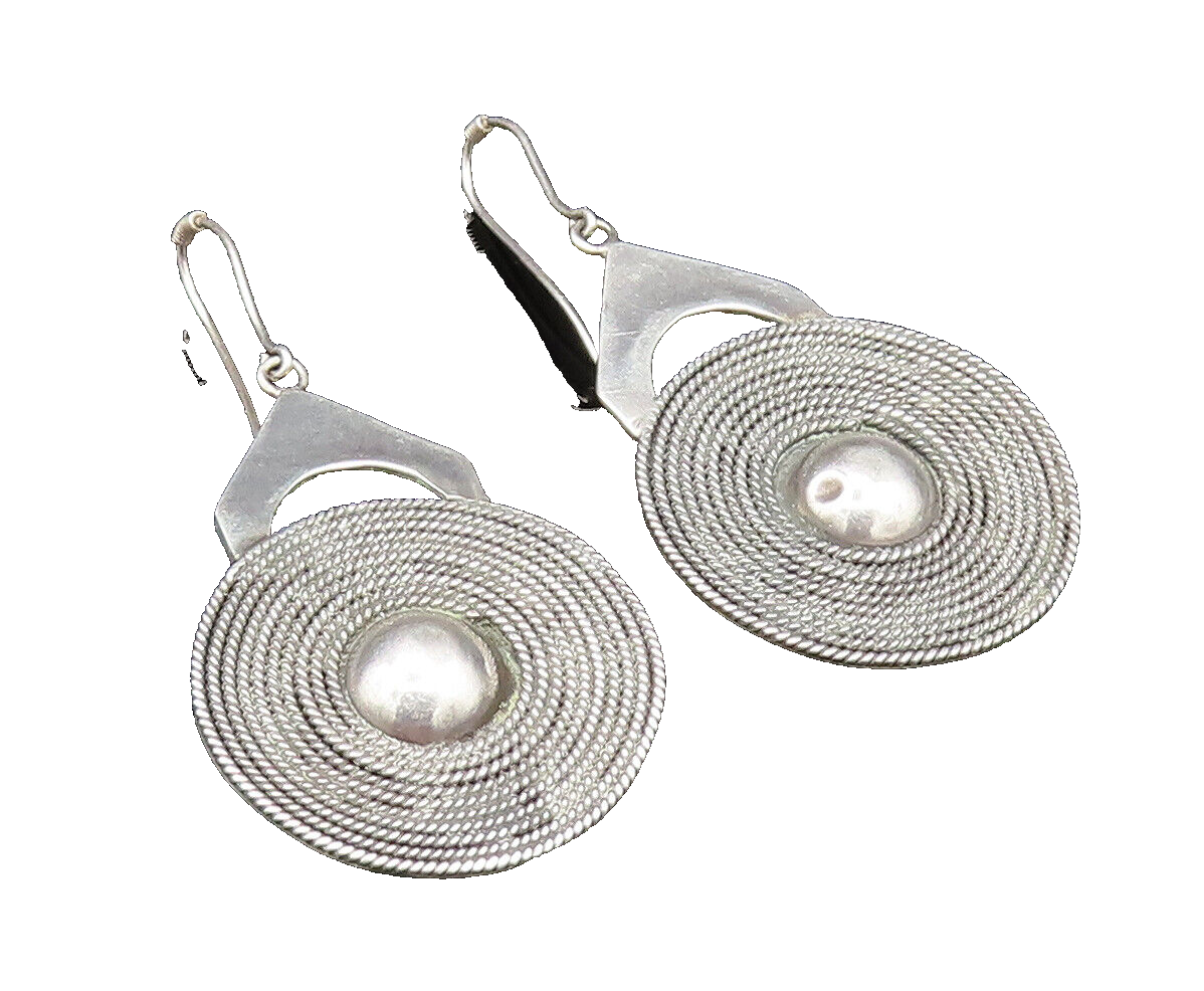 925 Silver  Vintage Spiral Twisted Rope & Bead Ball Disc Earrings  EG11722