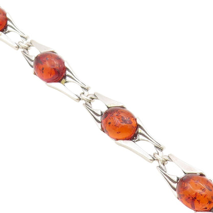 925 Sterling Silver Vintage Bracelet Cabochon Honey Amber Link Chain  BT11536