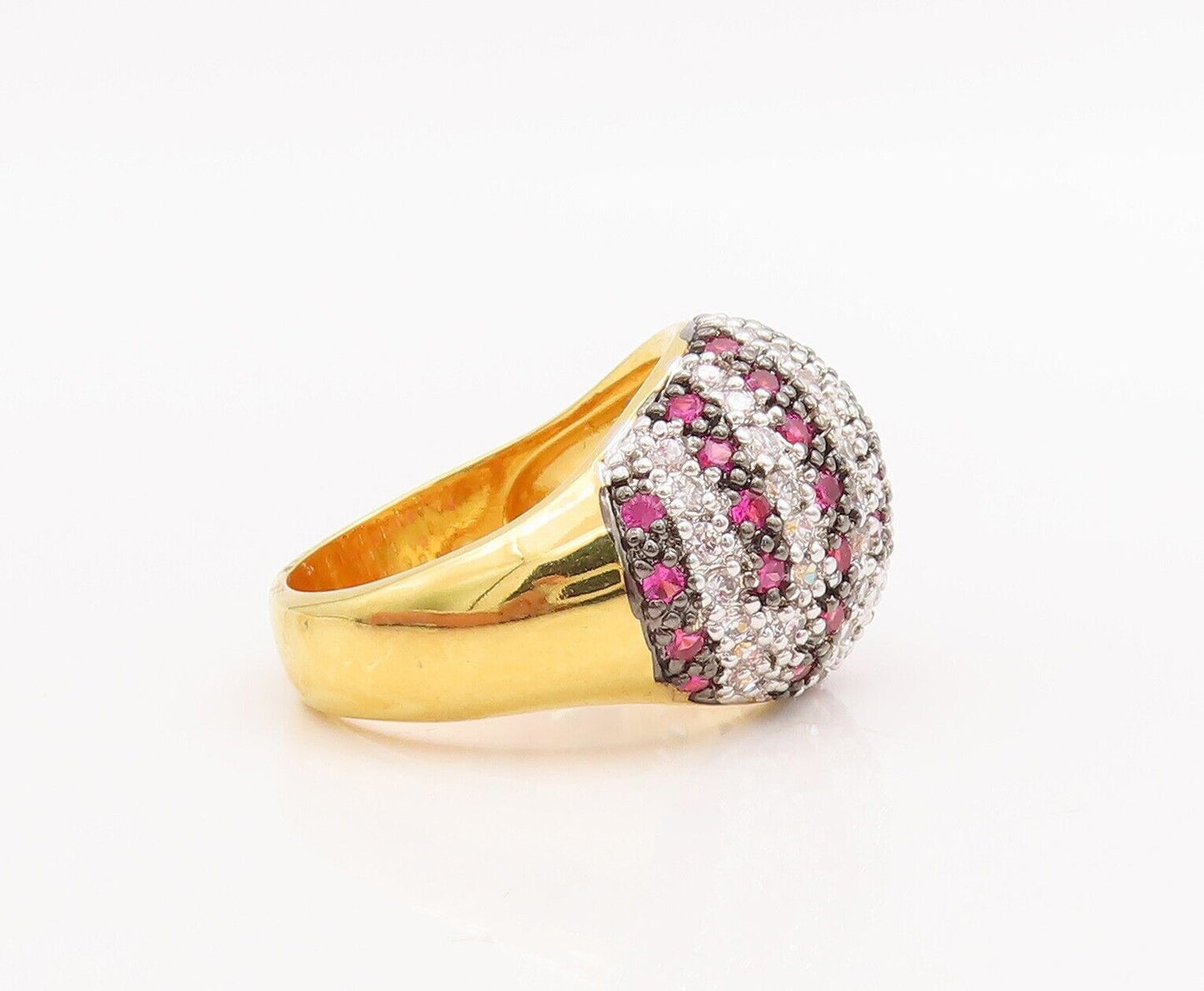 925 Sterling Silver Vintage Ring Domed Pink & White CZ Inlay Band  Sz 7  RG28672