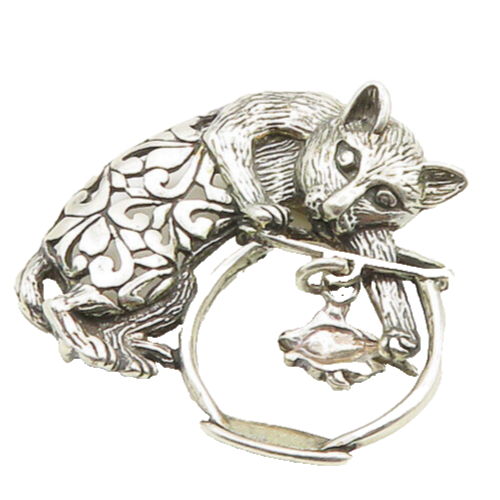 JEZLAINE 925 Sterling Silver  Vintage Cat & Fish Bowl Shiny Brooch Pin  BP7521
