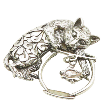 JEZLAINE 925 Sterling Silver  Vintage Cat & Fish Bowl Shiny Brooch Pin  BP7521