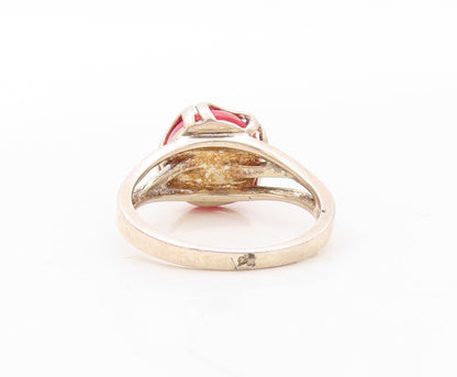 925 Sterling Silver Vintage Ring Modernist Caged Red Gemstone Sz 7  RG30694