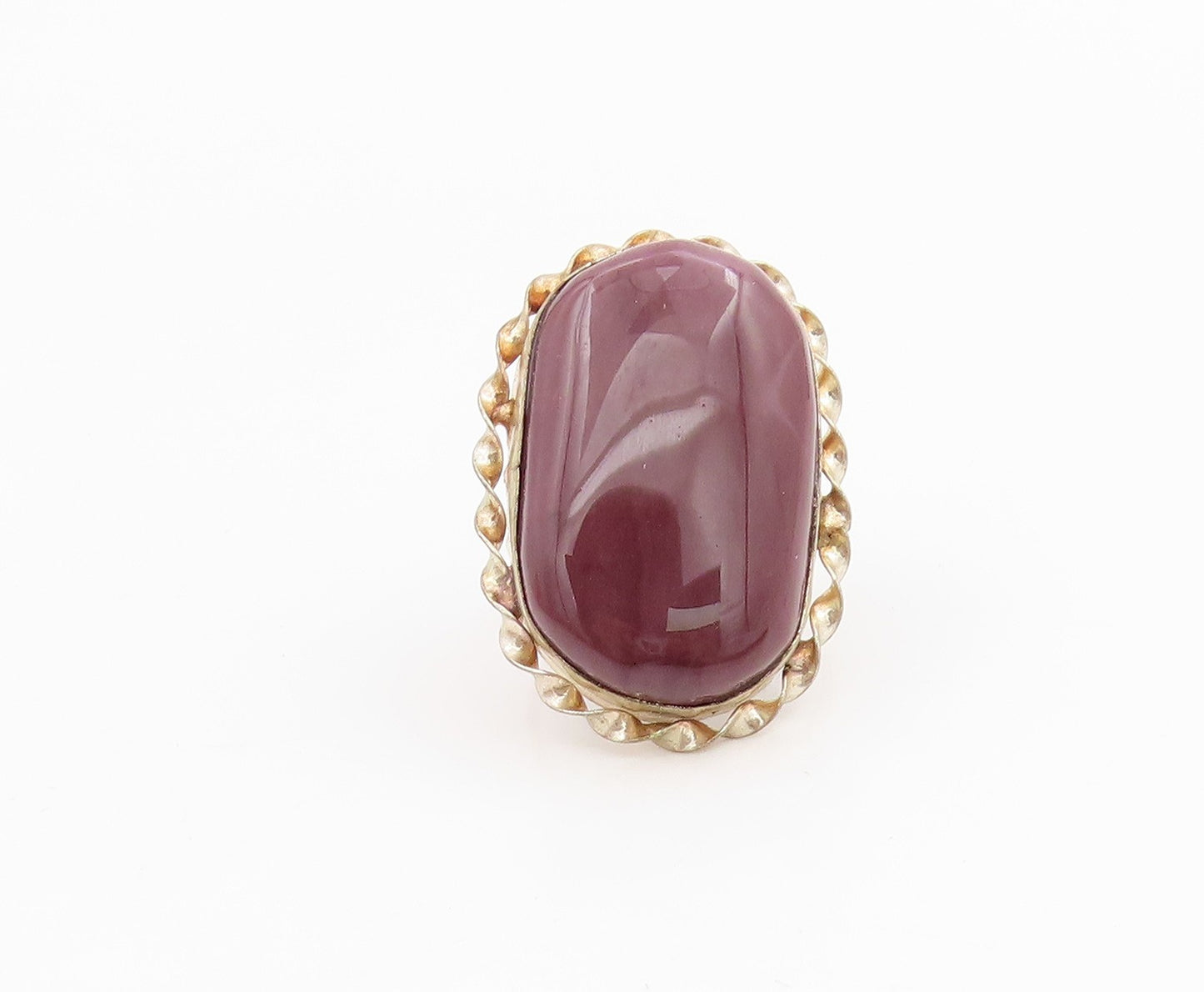 925 Sterling Silver Vintage Ring Large Cabochon Agate Rope Edge  Sz 7.5  RG34179