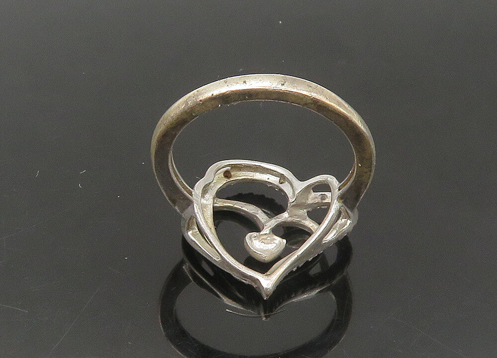 925 Sterling Silver  Vintage Genuine Diamonds Heart Band Ring Sz 7  RG22263