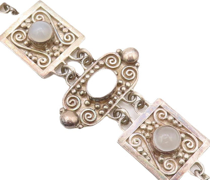 925 Sterling Silver Vintage Bracelet Antique Swirly Carved Gemstones  BT10804