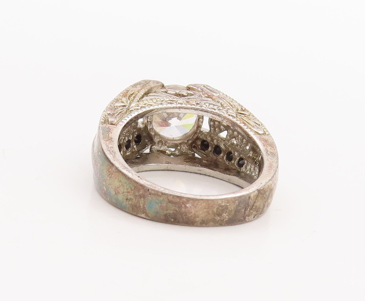 925 Sterling Silver Vintage Ring Swirls Carved Onyx Shank & Topaz  Sz 6  RG28721