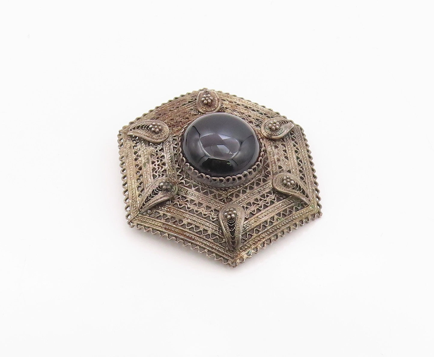 925 Sterling Silver Vintage Brooch Pin ISRAEL Onyx Geometric Filigree  BP12569