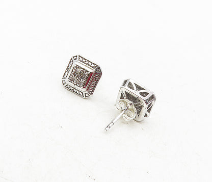 925 Sterling Silver  Shiny Genuine Diamonds Square Stud Earrings  EG4670