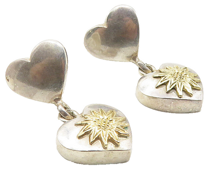 ISRAEL 925 Silver & 14K GOLD  Vintage Floral Love Heart Drop Earrings  EG5445