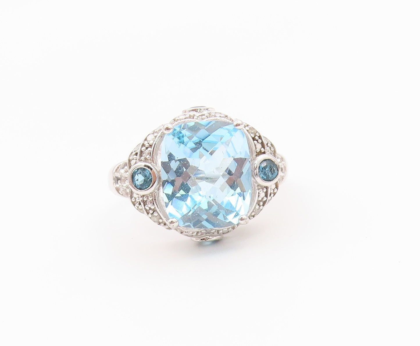 925 Sterling Silver Vintage Ring Elegant Blue Topaz & CZ Band  Sz 10  RG36562