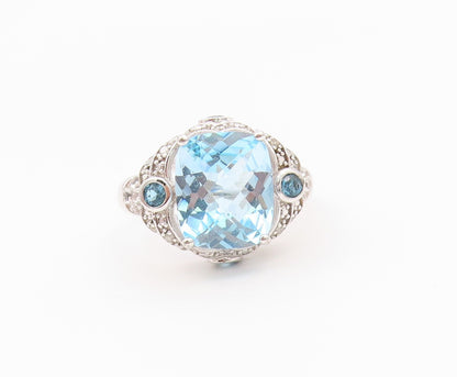 925 Sterling Silver Vintage Ring Elegant Blue Topaz & CZ Band  Sz 10  RG36562