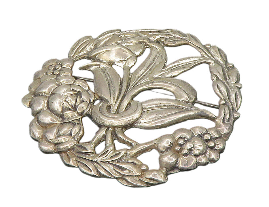 925 Sterling Silver  Vintage Floral Vine Wreath Motif Brooch Pin  BP5319