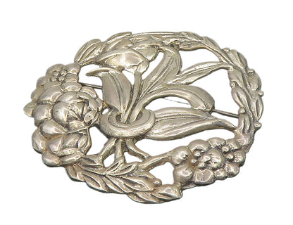 925 Sterling Silver  Vintage Floral Vine Wreath Motif Brooch Pin  BP5319
