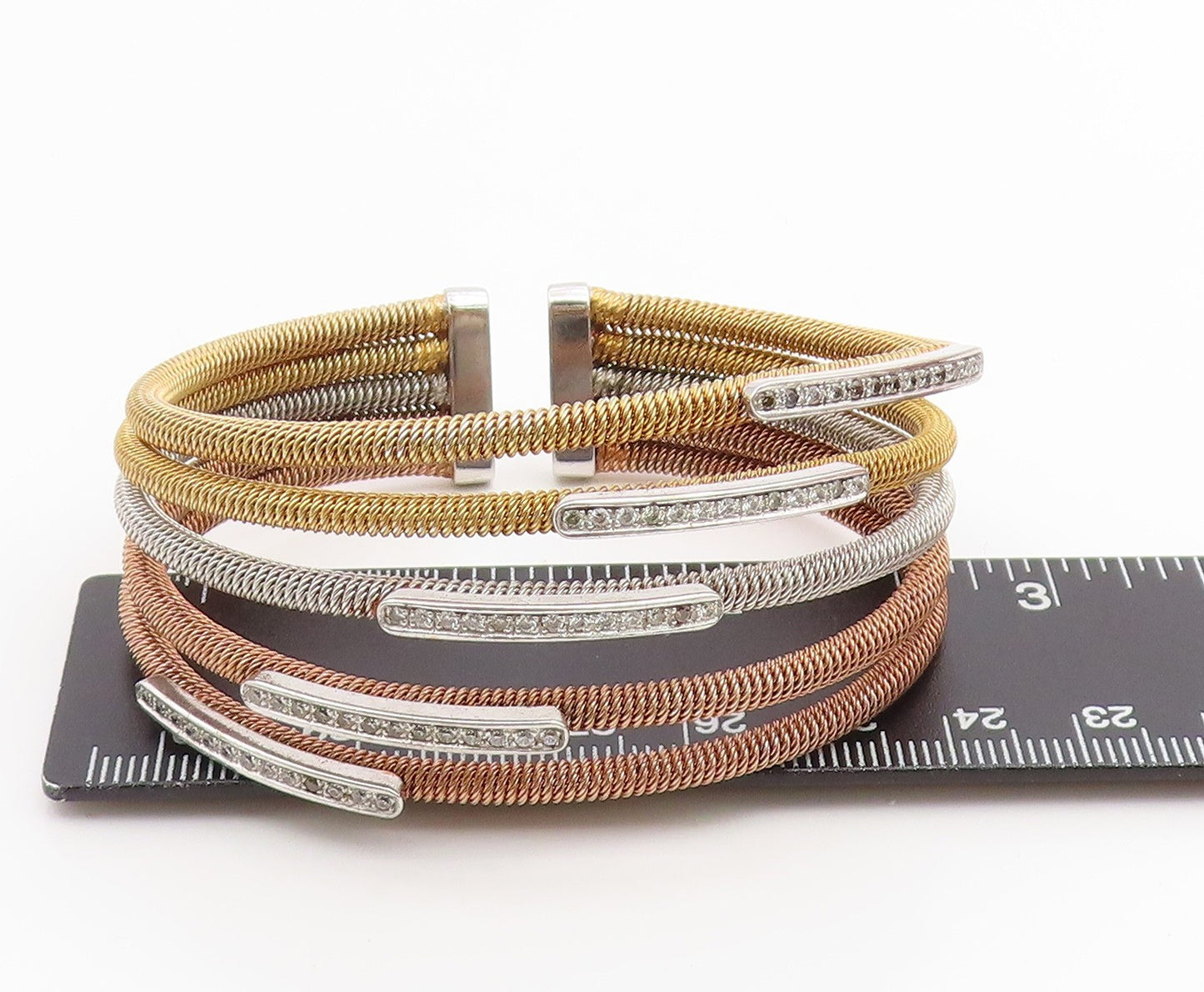 925 Sterling Silver Vintage Bracelet CZ Multi Tone Flex Coiled Cuff  BT11835