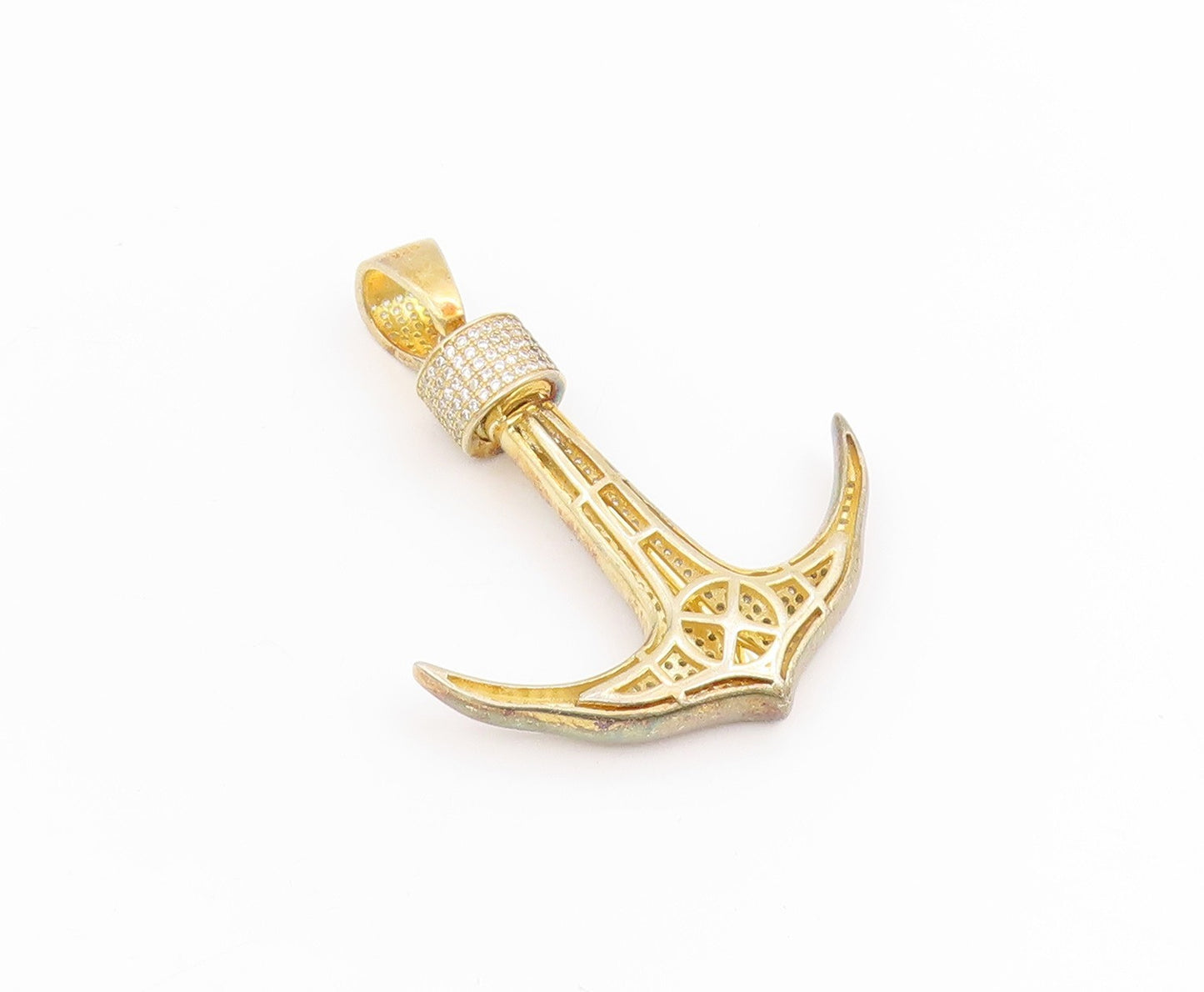 925 Sterling Silver Vintage Pendant Gold Plated CZ Nautical Anchor  PT25626